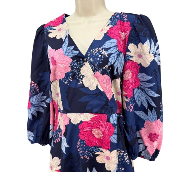 Eliza J Floral Faux Wrap Midi Dress Navy Blue Multi 3/4 Sleeve Lined Size 4 - Picture 2 of 13